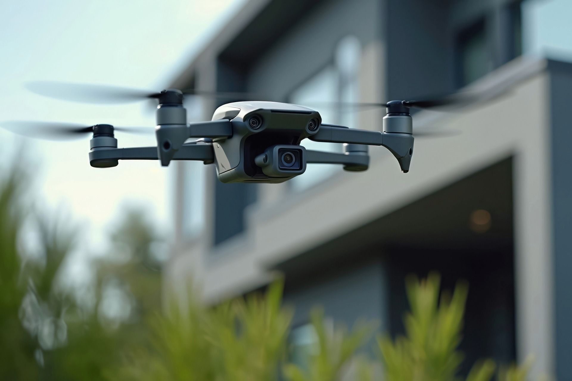 Drone hovering in front of a modern house, with blurred green foliage in the foreground.