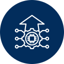 White gear with a CPU and arrow pointing up, on a dark blue circle.