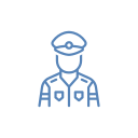 Blue line art of a person wearing a uniform and cap.