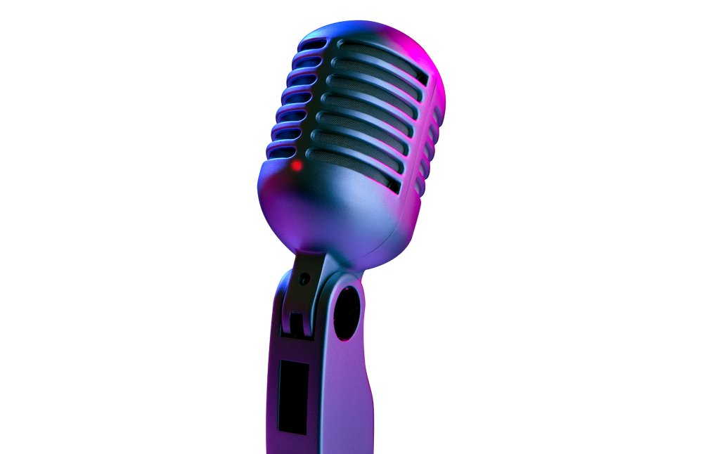 A purple and blue microphone is sitting on a stand on a white background.