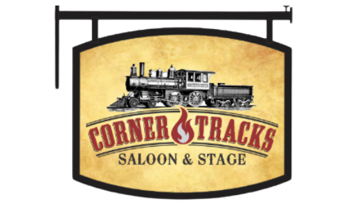 A sign for corner tracks saloon and stage with a train on it.