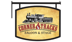 A sign for corner tracks saloon and stage with a train on it.