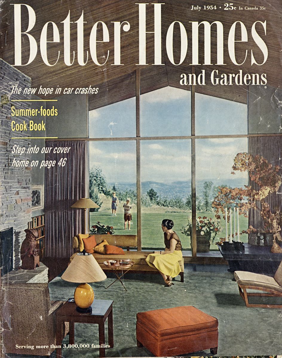 Cover of Better Homes and Gardens magazine, July 1953. Interior view of a modern living room with large window 