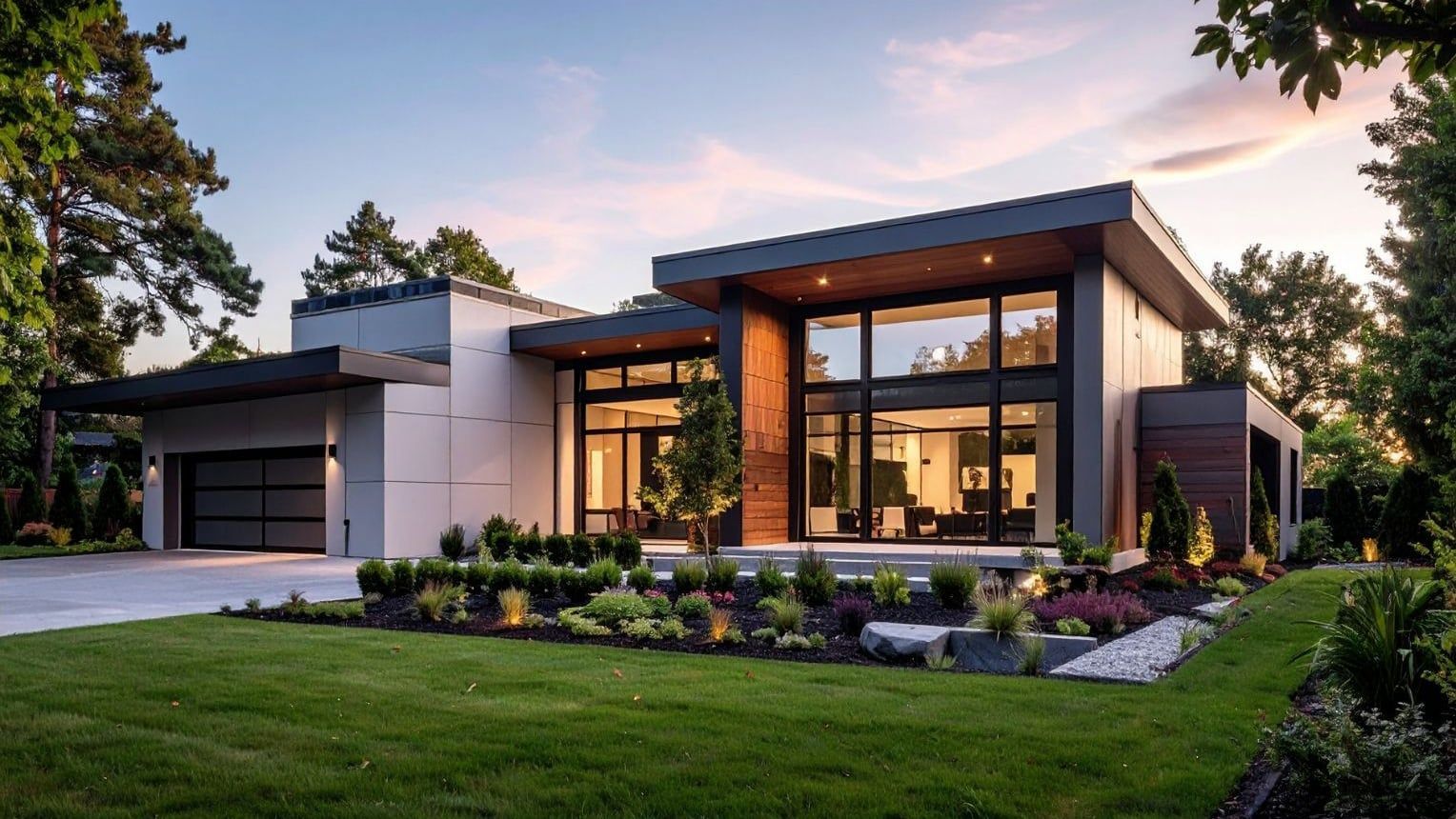 Modern home with large windows, dark trim, and landscaped yard.