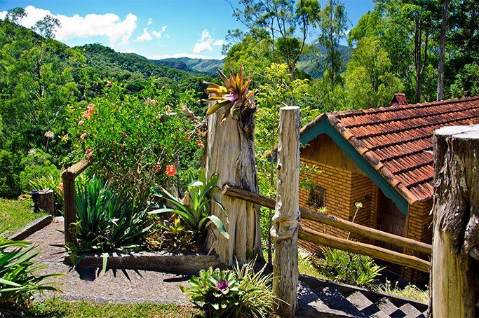 Uma cerca de madeira circunda uma casa na floresta