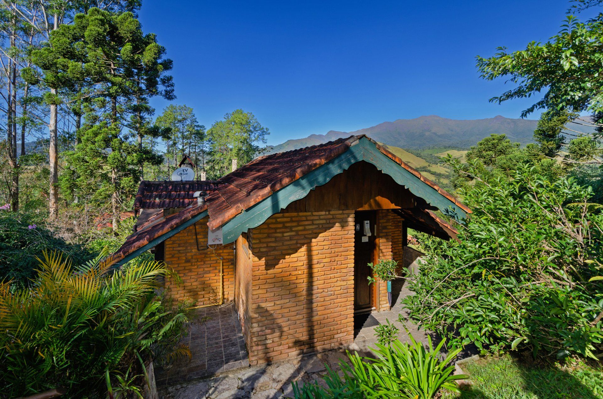 Uma pequena casa de tijolos no meio de uma floresta