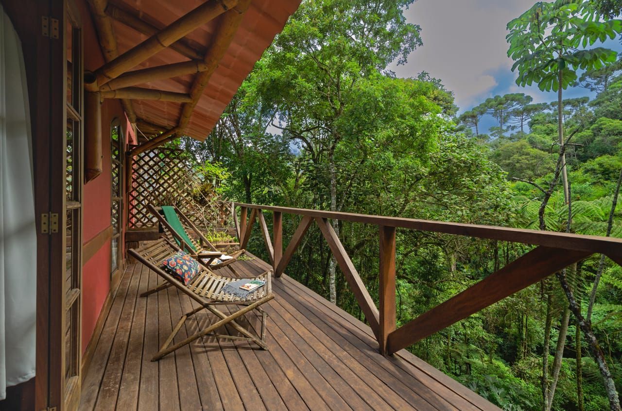 Um deck de madeira com cadeiras com vista para uma floresta verdejante.