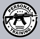 Black and white logo with a rifle in the center. Text: 