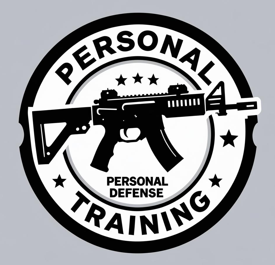Black and white logo with a rifle in the center. Text: 