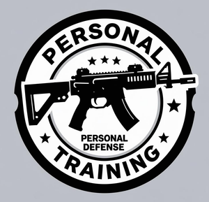 Black and white logo with a rifle in the center. Text: 
