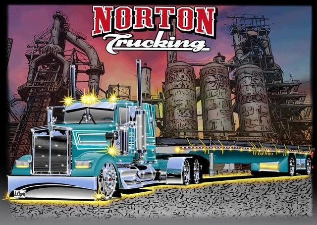 A norton trucking poster with a blue truck in front of a factory