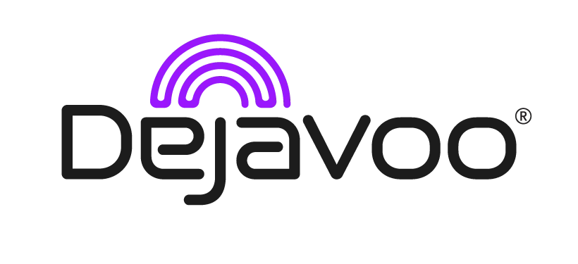 DejaVoo logo: Black text with a purple arc above, the word DejaVoo.