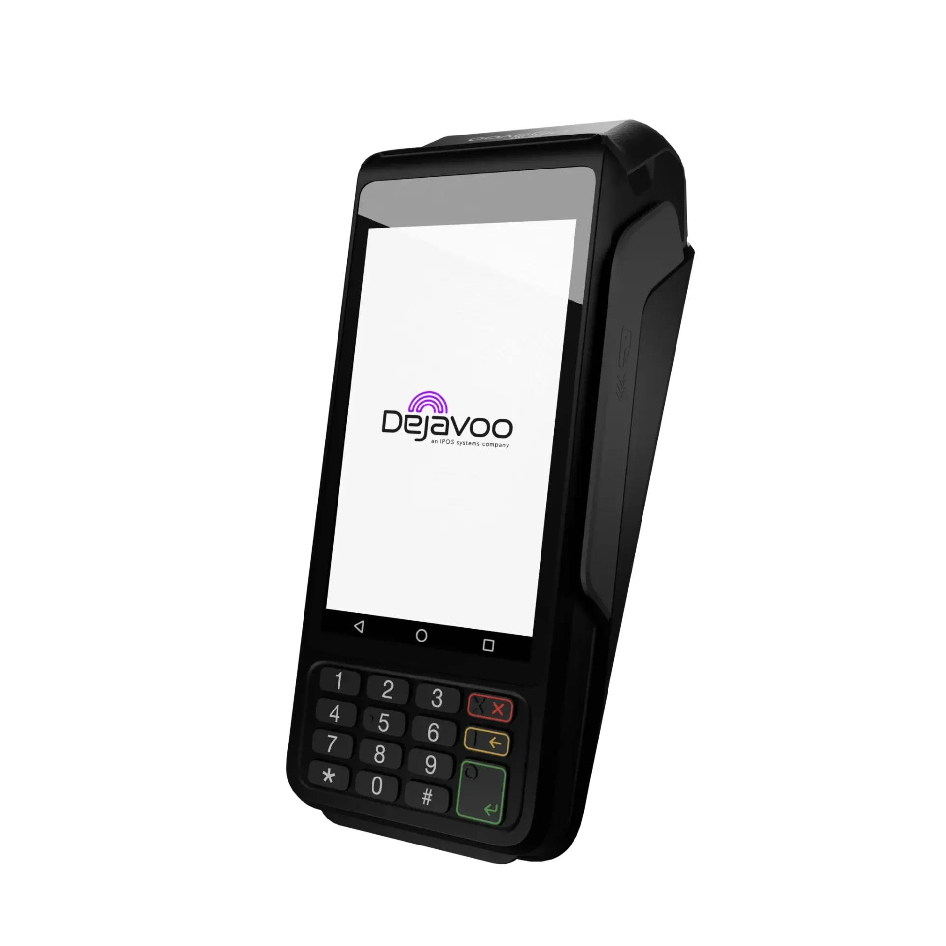 Black Dejavoo credit card processing terminal with a numerical keypad and screen.