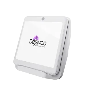 White DejaVoo payment terminal with logo, tilted slightly.