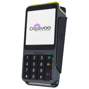 Dejavoo credit card terminal with a keypad and screen. Black and gray, yellow top.