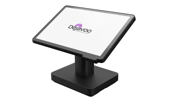 Black DejaVoo touch screen point-of-sale system on a stand, angled slightly upward.