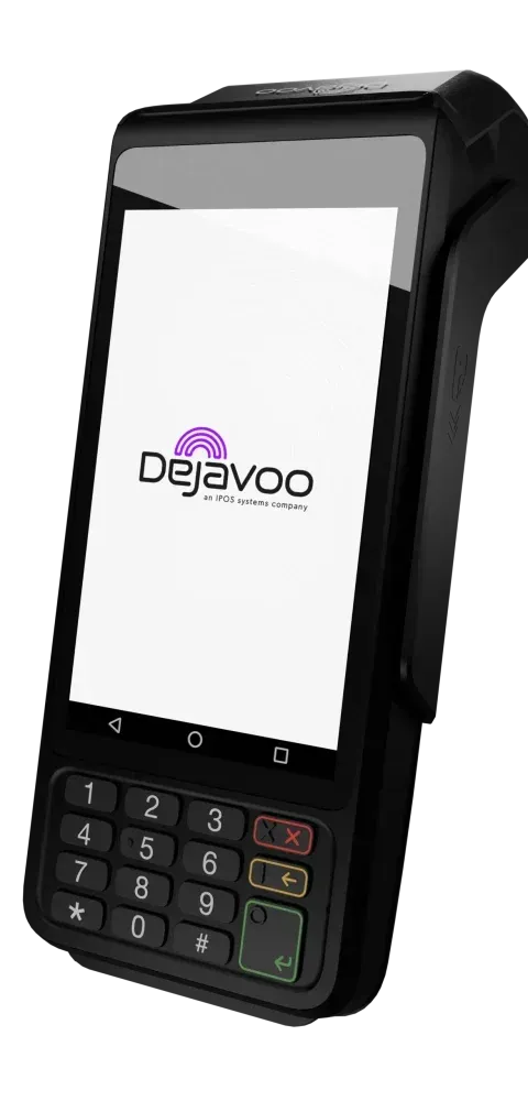 Black Déjavoo point-of-sale device with a touch screen displaying the company logo, a keypad, and a black casing.