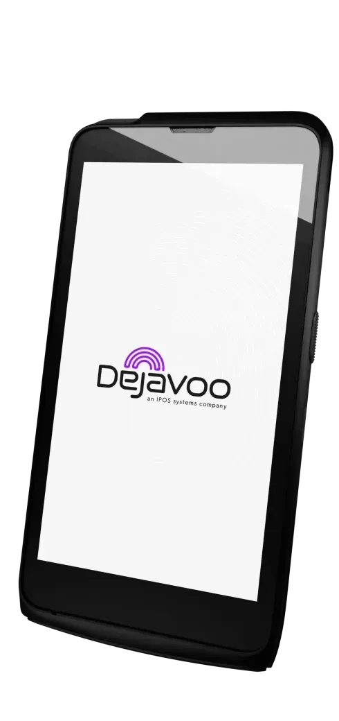 Black smartphone displaying the DejaVoo logo in white and purple.