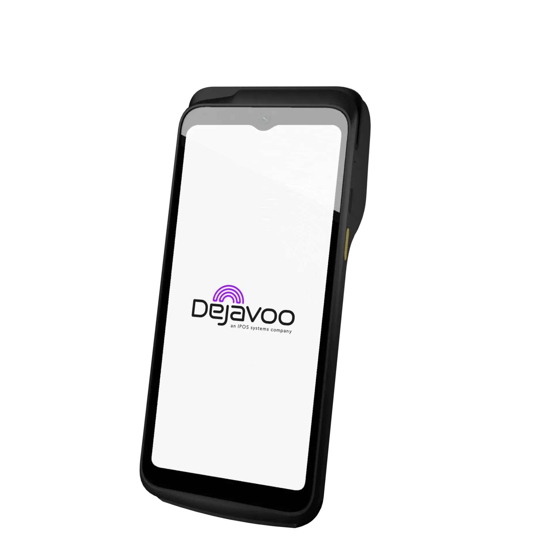 Black DejaVoo payment terminal with white screen displaying DejaVoo logo.