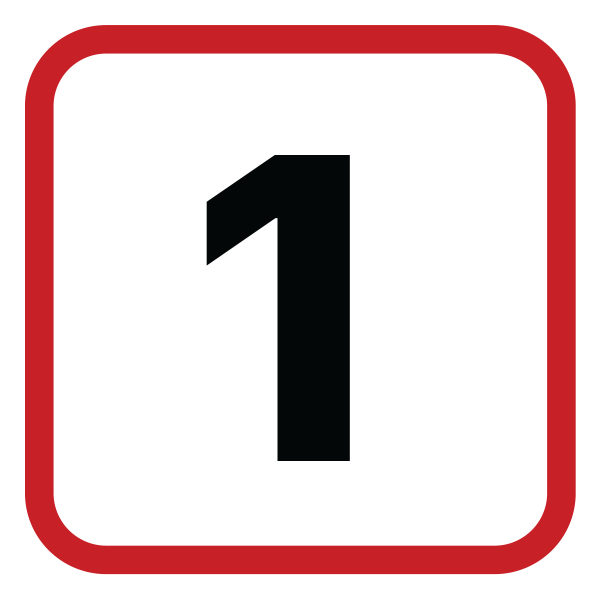 Black number one in a white square with a red border.