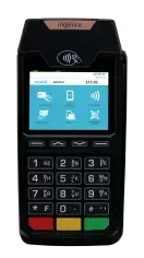 Black Ingenico credit card reader with a touchscreen and keypad. The screen shows payment options.