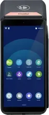 A handheld payment terminal with a touch screen displaying app icons.