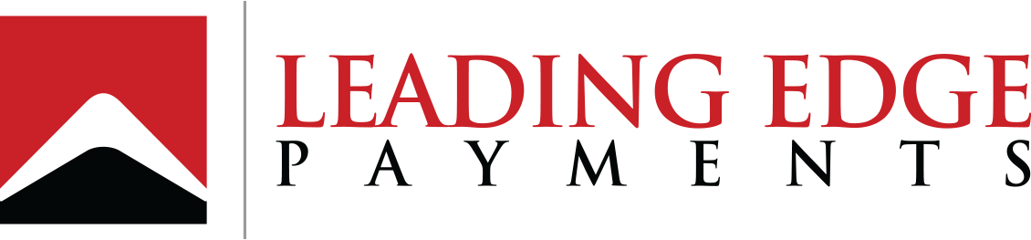 Logo for Leading Edge Payments, with a red and black geometric design and text.