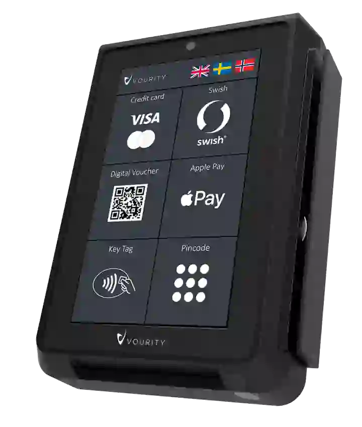 Black payment terminal with touch screen displaying payment options: Visa, Swish, QR code, Apple Pay, Pay by tap, and a keypad.