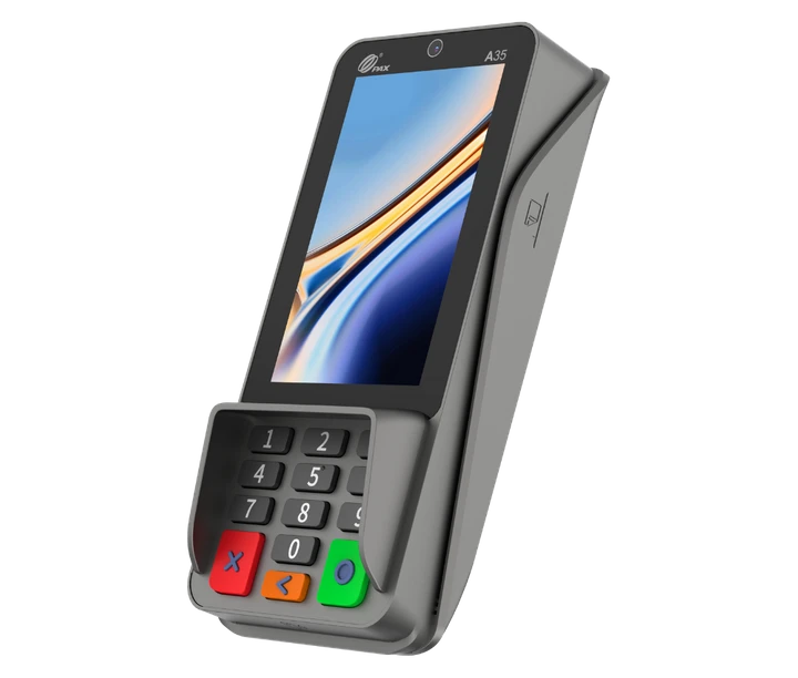Handheld gray payment terminal with touchscreen, keypad, and colored buttons.