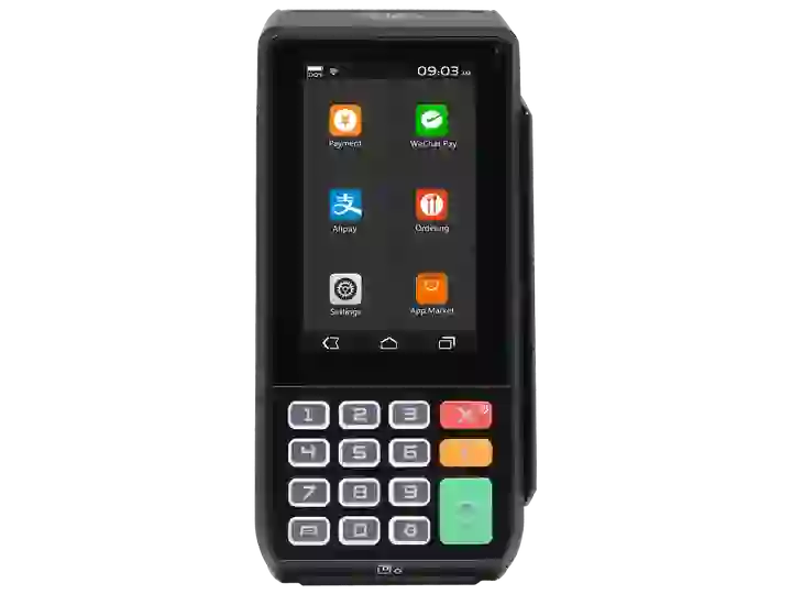 Black point-of-sale terminal with touchscreen displaying payment app icons and a numeric keypad.