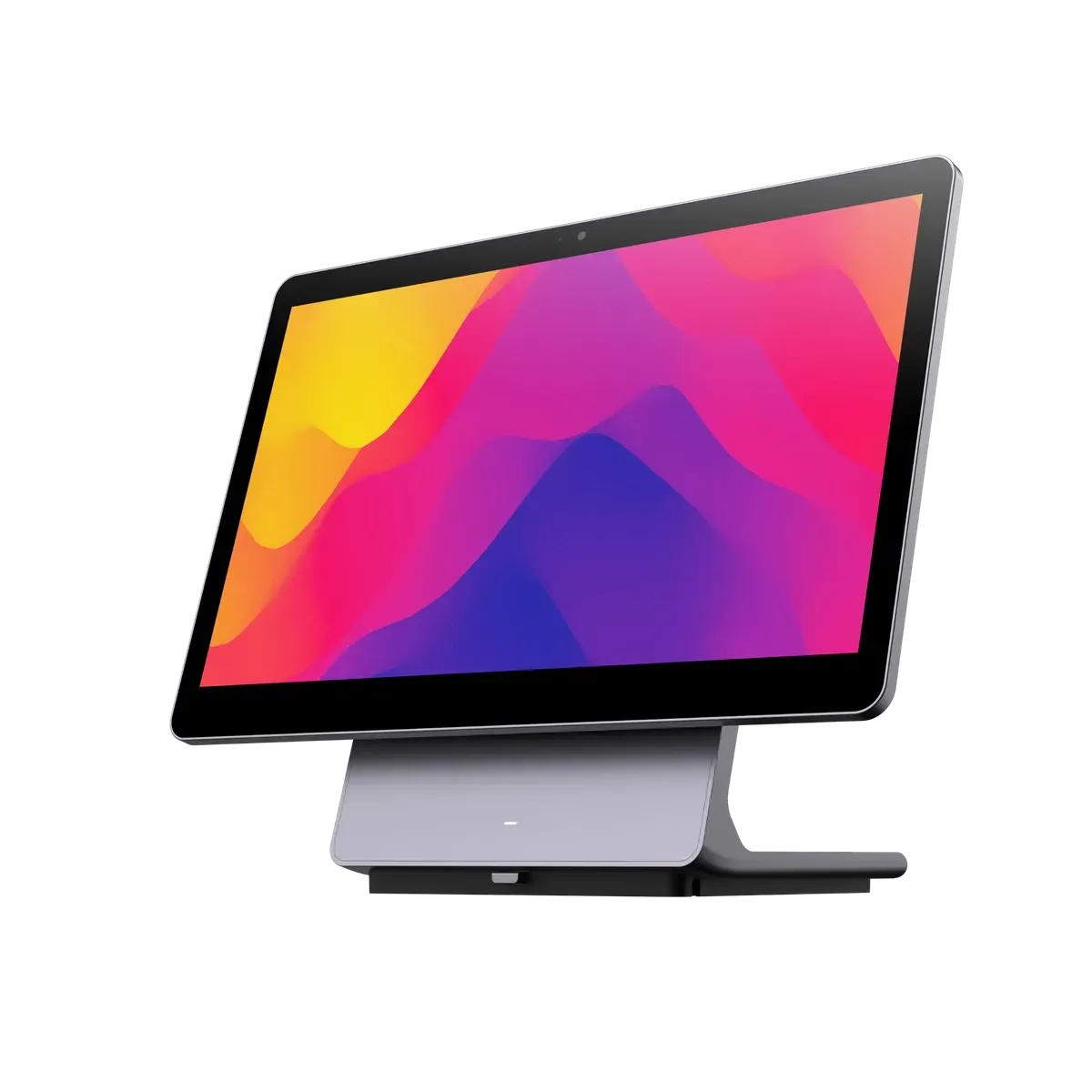 Point-of-sale touch screen computer with colorful display. Gray stand and black frame.