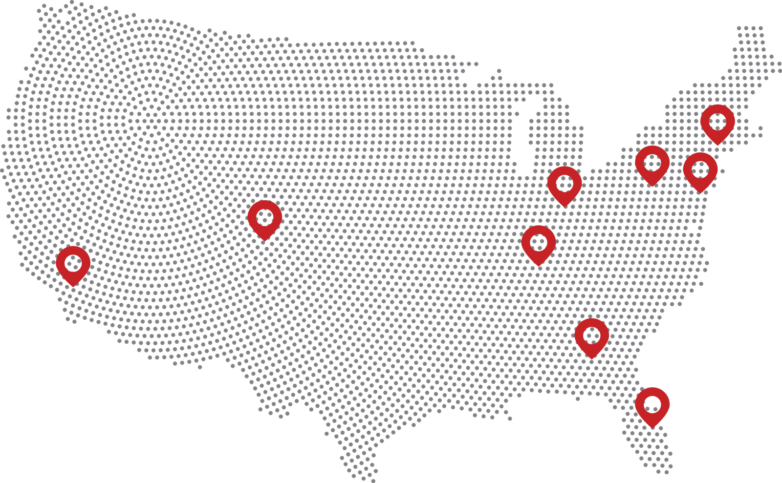 Map of the United States with red location markers across the country.