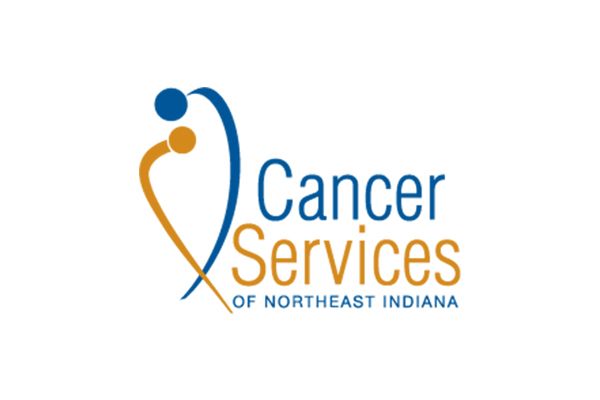 Logo for Cancer Services of Northeast Indiana, blue and gold stylized figures, blue and orange text.