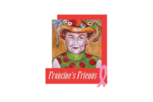 Logo: Portrait of woman wearing a hat with flowers, red frame, pink ribbon, text 