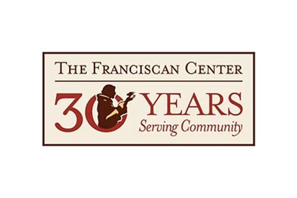 Logo for The Franciscan Center: 30 Years serving community, with a brown figure and a red 