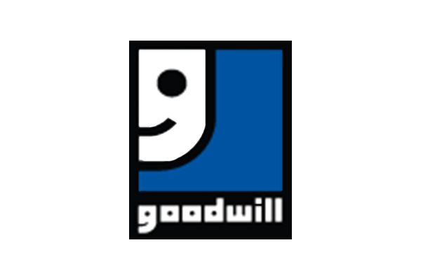 Goodwill logo: white smiling face within a blue square, with the word 