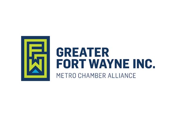 Logo for Greater Fort Wayne Inc. Features a blue and green geometric design with the letters 
