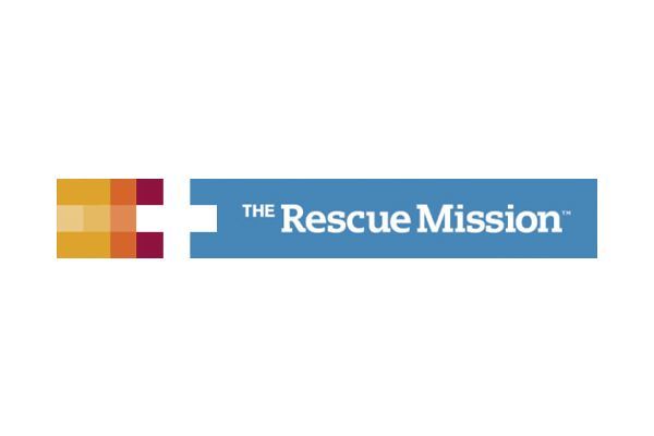 Logo for The Rescue Mission: blue rectangle with white text beside a colorful pixelated shape.