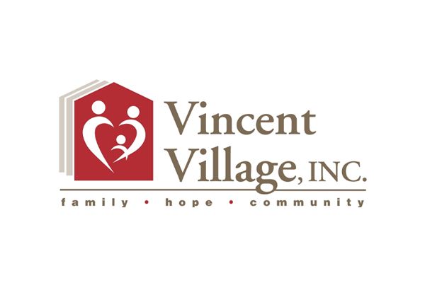 Vincent Village logo: Red house shape with heart family symbol and text: Family, Hope, Community.