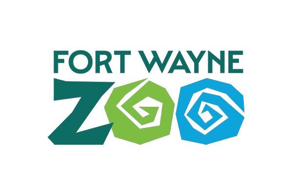 Fort Wayne Zoo logo with teal text above a green and blue spiral design.