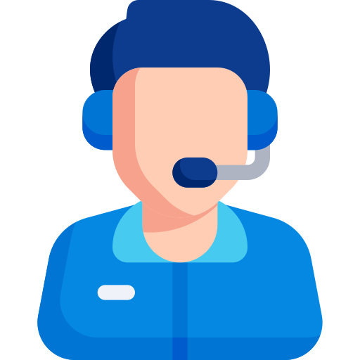 Support person wearing a headset, in a blue uniform, offering customer service.