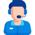 Support person wearing a headset, in a blue uniform, offering customer service.