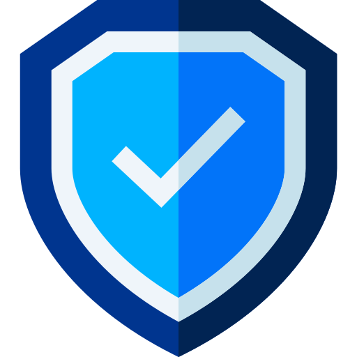 Blue shield with a white checkmark, representing security and approval.
