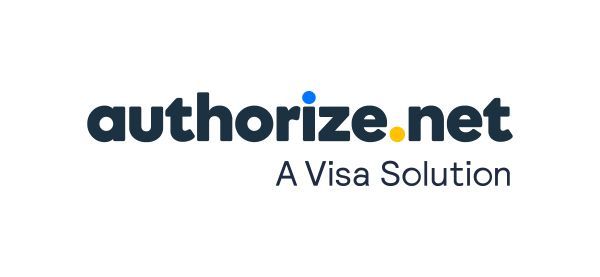 Authorize.net logo with dark blue text and a blue and yellow dot. 