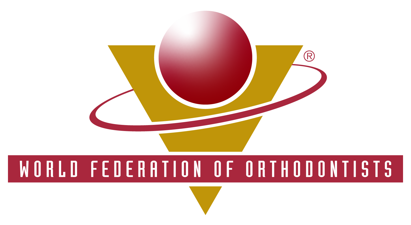 Logo of the World Federation of Orthodontists: gold triangle, red sphere with orbiting ring, and text.