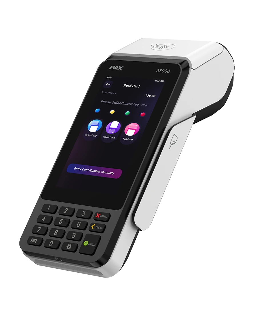 White and black point-of-sale device with a touch screen, keypad, and card reader, angled against a white background.