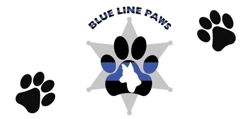 Logo with paw prints, sheriff star, thin blue line, and dog silhouette; 