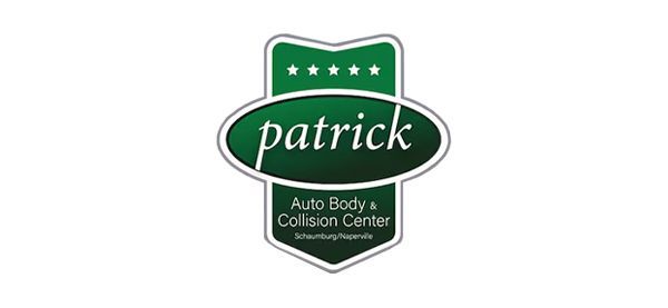 Logo for Patrick Auto Body & Collision Center. Green and white shield design with text "patrick."