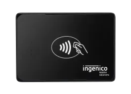 Black Ingenico mobile payment terminal with contactless payment symbol.