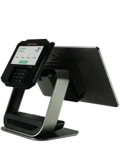 POS terminal with a payment pad and tablet on a stand.